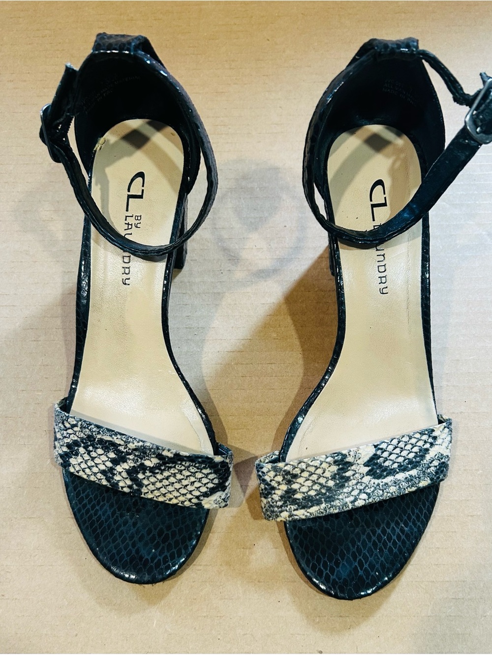 CL by Laundry Black and Beige Snake-Print Ankle Strap Heels